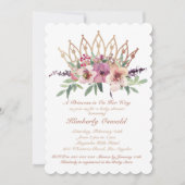 ローズゴールド クラウン ブラッシュ ピンク フローラル ベビーガール シャワー 招待状 (正面)