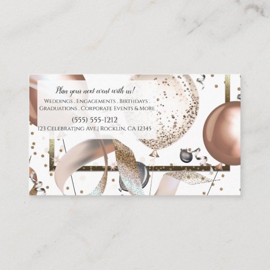 ローズゴールド グリッター風船 白パーティープランナー 名刺 (裏面)