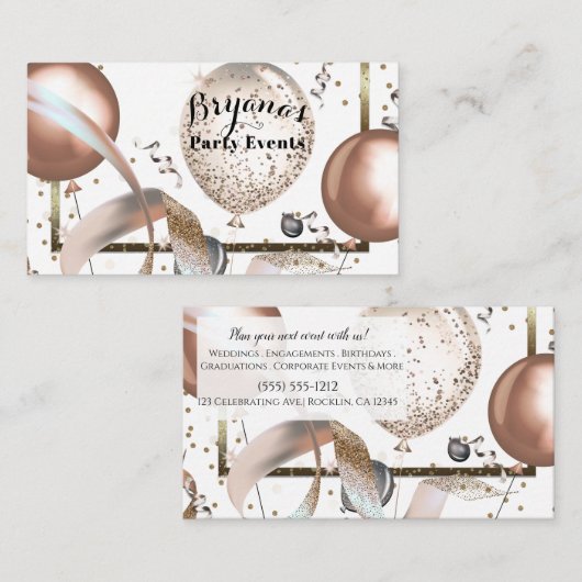 ローズゴールド グリッター風船 白パーティープランナー 名刺 (正面/裏面)