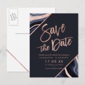 ローズゴールド グリッター アゲート ネイビーブルー セーブ・ザ・デート 案内ポストカード (正面/裏面)
