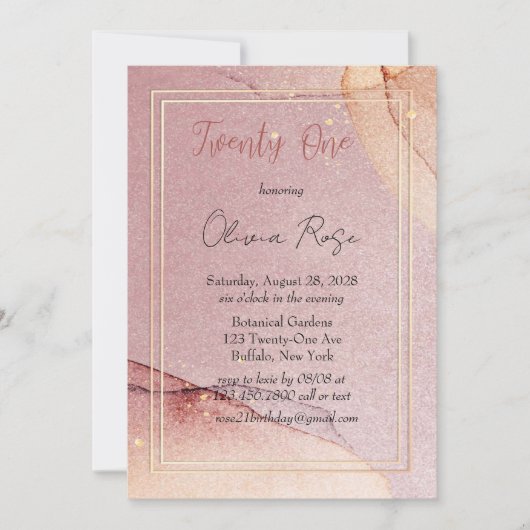 ローズゴールド グリッター アルコール インク 21歳の誕生日パーティー 招待状 (正面)