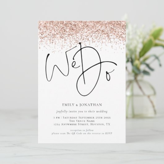 ローズゴールド グリッター ウェディングQRコード 招待状 (スタンド正面)