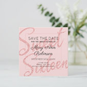 ローズゴールド グリッター グラム スイート16 セーブデート 招待状 (スタンド正面)