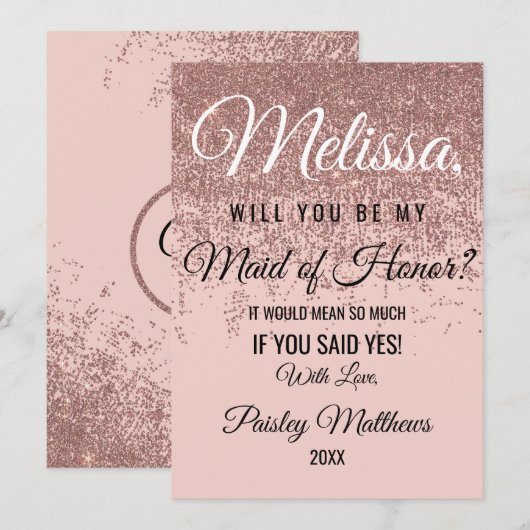 ローズゴールド グリッター スパークル ブラッシュ ピンク  メイド オブ オナー 招待状 (正面/裏面)