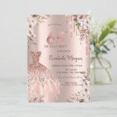 ローズゴールド グリッター ドリップス ドレス フラワー 65歳 誕生日 招待状 (スタンド正面)