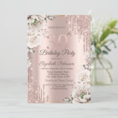 ローズゴールド グリッター ドリップス ホワイト フラワーズ 30th 招待状 (スタンド正面)
