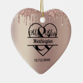 ローズゴールド グリッター ドリップス ミスターアンドミセス ハート ウェディング セラミックオーナメント (右)