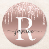 ローズゴールド グリッター ドリップス メタル ガーリー モノグラム ラウンドペーパーコースター (正面)