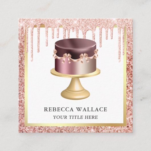 ローズゴールド グリッター ドリップ オーダーメイド ピンク ケーキ ベーカリー スクエア名刺 (正面)