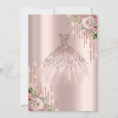 ローズゴールド グリッター ドリップ、ドレス フラワー スイート16 招待状 (裏面)