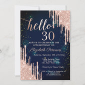 ローズゴールド グリッター ドリップ ネイビーブルー 30歳の誕生日 招待状 (正面)