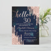 ローズゴールド グリッター ドリップ ネイビーブルー 30歳の誕生日 招待状 (スタンド正面)