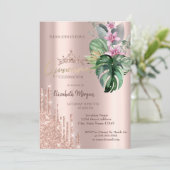 ローズゴールド グリッター ドロップ トロピカル フラワーズ 招待状 (スタンド正面)