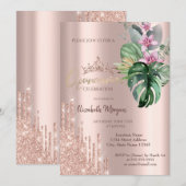 ローズゴールド グリッター ドロップ トロピカル フラワーズ 招待状 (正面/裏面)