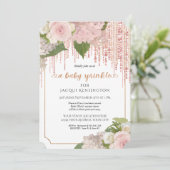 ローズゴールド グリッター ピンク フラワー ベビーガール スプリンクル 招待状 (スタンド正面)