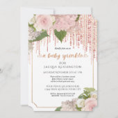 ローズゴールド グリッター ピンク フラワー ベビーガール スプリンクル 招待状 (正面)