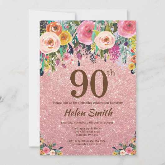 ローズゴールド グリッター ピンク フローラル 90歳の誕生日 招待状 (正面)