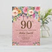 ローズゴールド グリッター ピンク フローラル 90歳の誕生日 招待状 (スタンド正面)