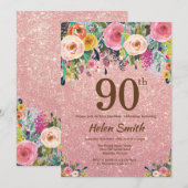 ローズゴールド グリッター ピンク フローラル 90歳の誕生日 招待状 (正面/裏面)