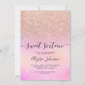 ローズゴールド グリッター ピンク ホログラフィック フォト スイート 16 招待状 (正面)