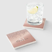 ローズゴールド グリッター モノグラム 名前 メタリック ストーンコースター (横)