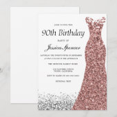 ローズゴールド グリッター 女性 90歳 誕生日パーティー 招待状 (正面/裏面)