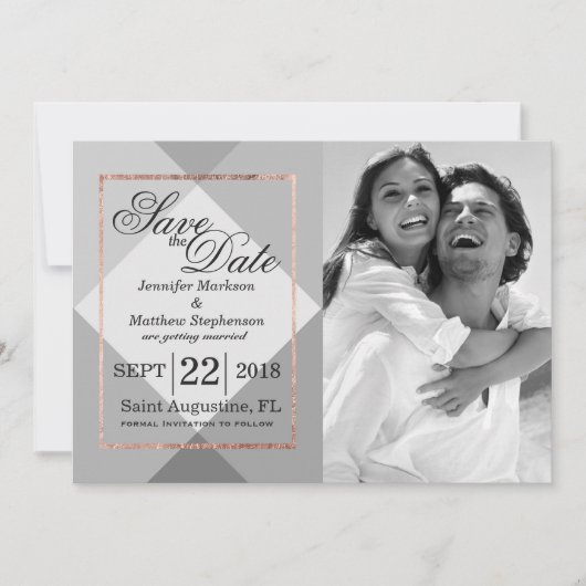 ローズゴールド グレー ジオ セーブ・ザ・デート 招待状 (正面)