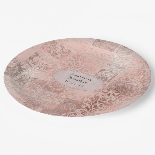 ローズゴールド シャビー シック ダマスク ウェディング ペーパープレート (アングル)
