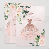 ローズゴールド スウィート16 ブッシュ 水彩の花 招待状 (正面/裏面)