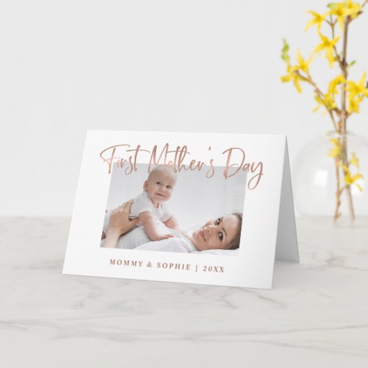 ローズゴールド |スクリプトファーストマザーズデイの写真カード カード (黄色い花)