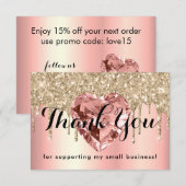 ローズゴールド ダイヤモンド ハート 小規模事業 カスタム サンキューカード (正面/裏面)