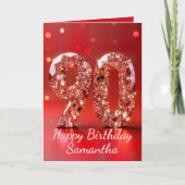 ローズゴールド ダイヤモンド 90歳の誕生日 赤いスパークル カード (正面)