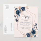 ローズゴールド ダスティピンク ネイビー フローラル 延期のお知らせ 案内ポストカード (正面/裏面)