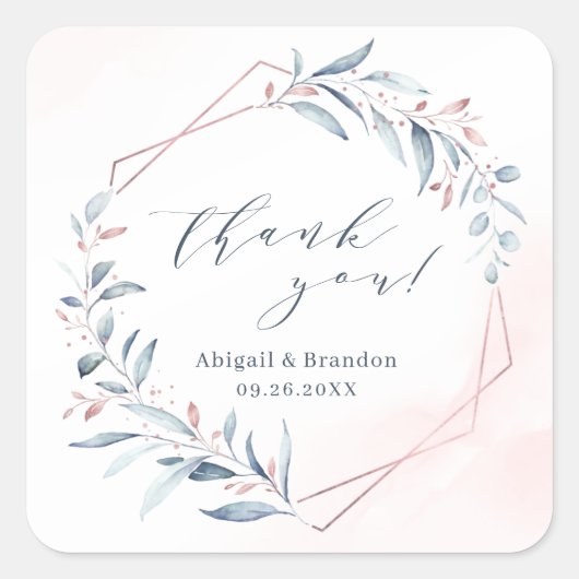 ローズゴールド ダスティーブルー グリーンレリーフ ジオメトリック サンクス スクエアシール (正面)