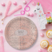 ローズゴールド ダマスク ニュースプリント ウェディング ペーパープレート (パーティー)