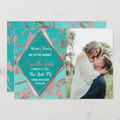 ローズゴールド ティールグリーン マーブル ダイヤモンド セーブ・ザ・デート 招待状 (正面/裏面)