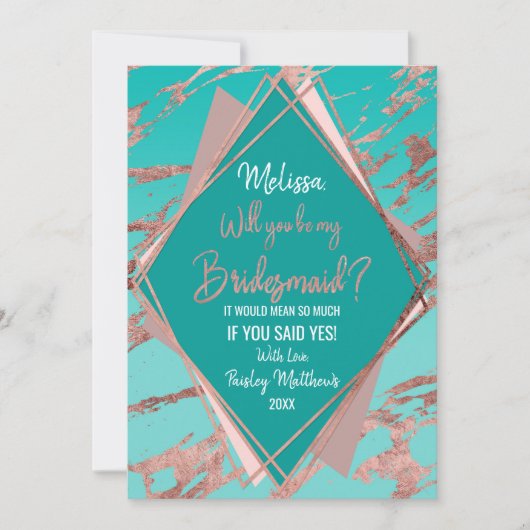 ローズゴールド ティールグリーン マーブル ダイヤモンド ブライズメイド 招待状 (正面)