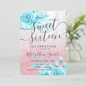 ローズゴールド ティール マーブル フラワー グリッター スイート16 招待状 (スタンド正面)