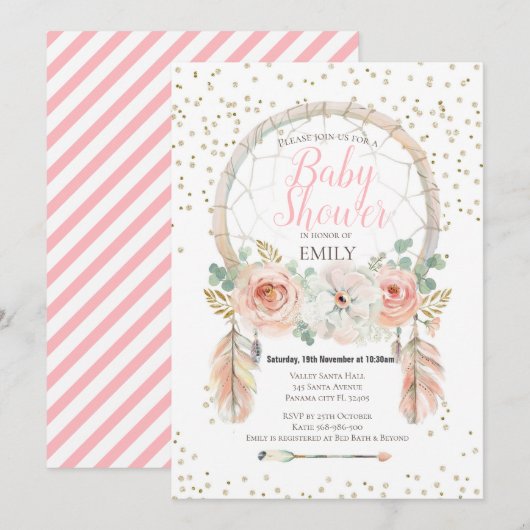 ローズゴールド ドリームキャッチャー ボヘミアンパーティ 招待状 (正面/裏面)