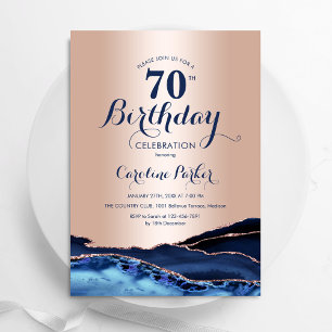 ローズゴールド ネイビーブルー アゲート マーブル 70歳の誕生日 招待状