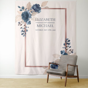 ローズゴールド ネイビーブルー ダスティピンク フラワー ウェディング タペストリー