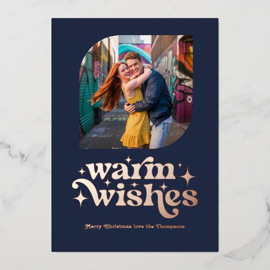 ローズゴールド&ネイビーブルー モダン レトロ クリスマス フォト 箔シーズンカード (正面)