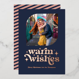 ローズゴールド＆ネイビーブルー モダン レトロ クリスマス フォト 箔シーズンカード