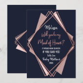 ローズゴールド ネイビーブルー モーブ 幾何学的な 花嫁の介添え人 招待状 (正面/裏面)