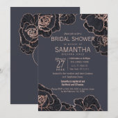 ローズゴールド ネイビーブルー 花 ブライダルシャワー 招待状 (正面/裏面)