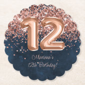 ローズゴールド ネイビーブルー 12歳の誕生日パーティー ペーパーコースター (正面)