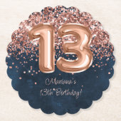 ローズゴールド ネイビーブルー 13歳の誕生日パーティー ペーパーコースター (正面)