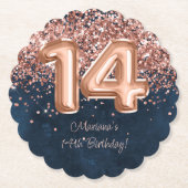 ローズゴールド ネイビーブルー 14歳の誕生日パーティー ペーパーコースター (正面)