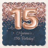 ローズゴールド ネイビーブルー 15歳の誕生日パーティー ペーパーコースター (正面)