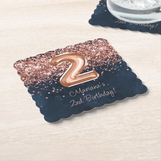 ローズゴールド ネイビーブルー 2歳 誕生日パーティー ペーパーコースター (アングル)